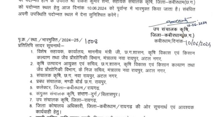 कृषि विभाग में दो- दो उपसंचालक, पदोन्नत होने के बाद राकेश शर्मा को भार मुक्त कर दिया गया है इसके बावजूद कवर्धा में ही मंडराने की क्या है वजह