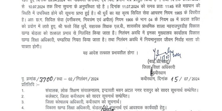 कलेक्टर  जनमेजय महोबे के निर्देश पर सहायक शिक्षक एल.बी.  फत्ते सिंह धुर्वे तत्काल प्रभाव से निलंबित